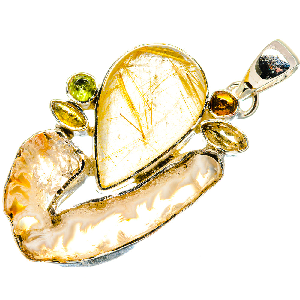 Citrine geode slice pendant with oval yellow quartz center, green peridot accents, silver bail