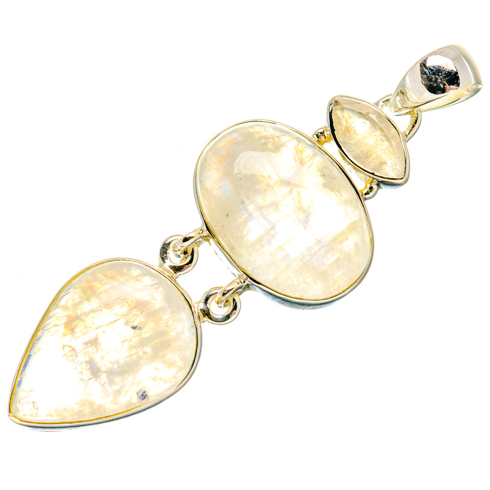 Three-stone moonstone pendant in 925 sterling silver with iridescent teardrop settings