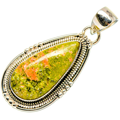 Unakite teardrop pendant with 925 sterling silver setting and rope-edge bezel