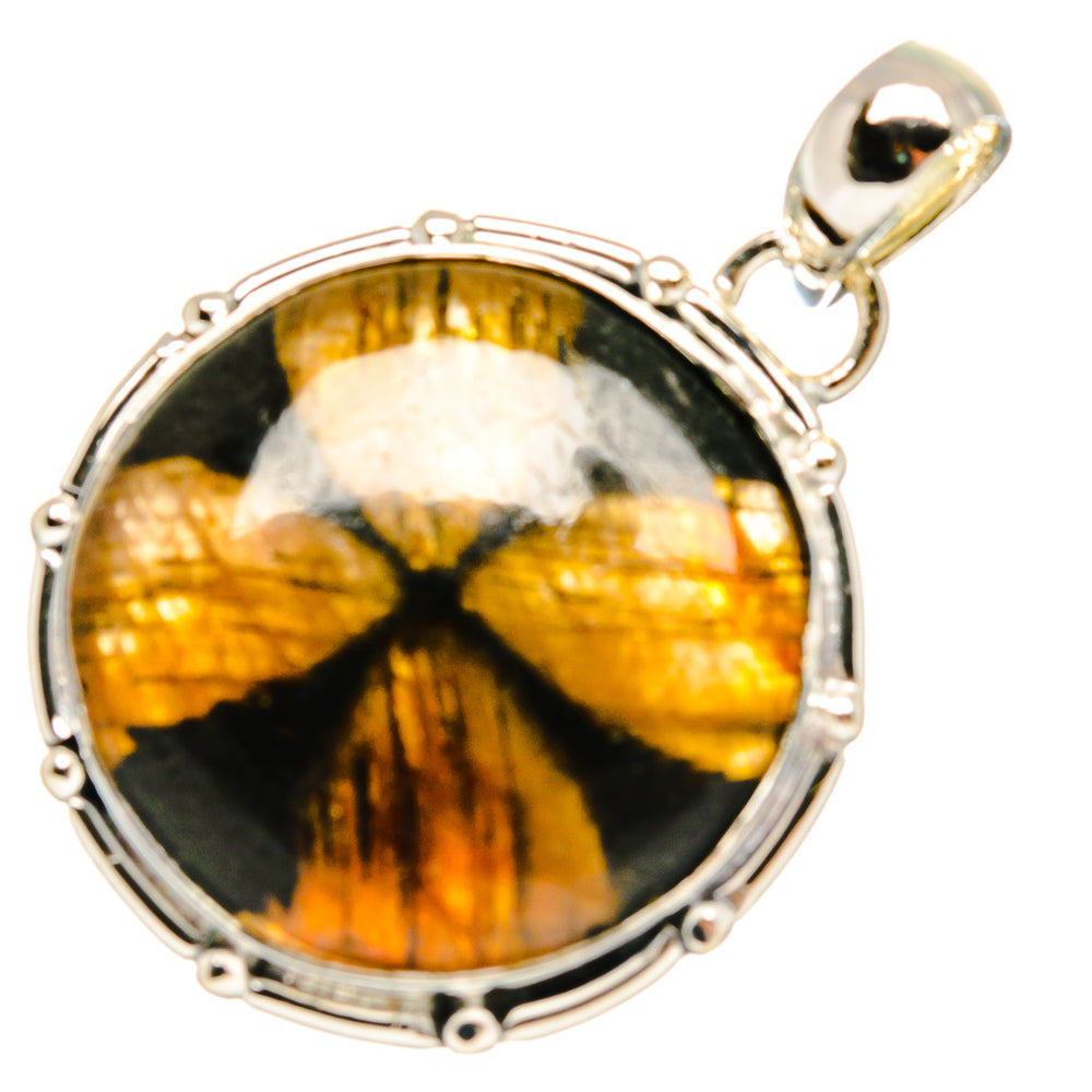 Round chiastolite pendant, 925 sterling silver frame with bail, amber-gold stone