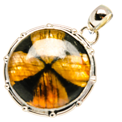Round chiastolite pendant, 925 sterling silver frame with bail, amber-gold stone