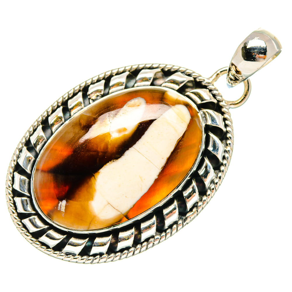 Oval amber jasper pendant with white streaks and ornate sterling silver border, bail top
