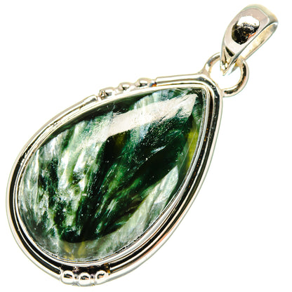Seraphinite sterling silver pendant with oval teardrop cabochon, green white veining.