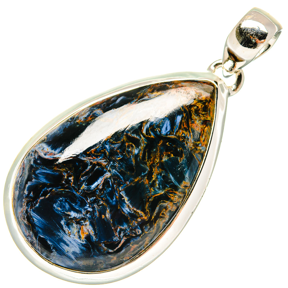 Sterling silver pietersite teardrop pendant showing blue and gold banded stone
