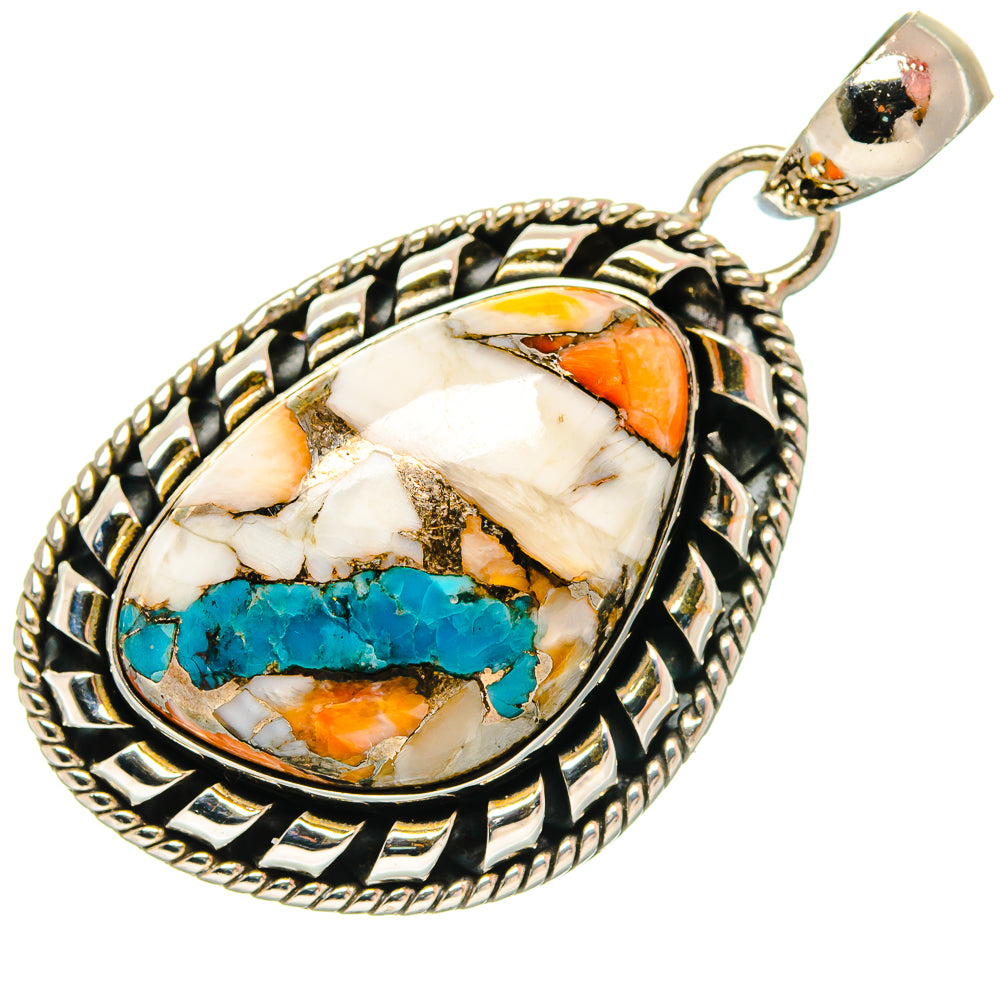 Oval turquoise and orange inlay pendant with white stone, 925 sterling silver setting