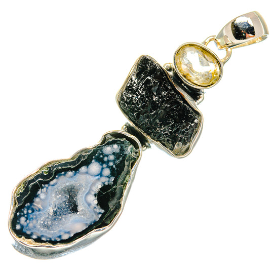 Coconut Geode Druzy, Black Tourmaline, White Quartz Pendants handcrafted by Ana Silver Co - PD18298