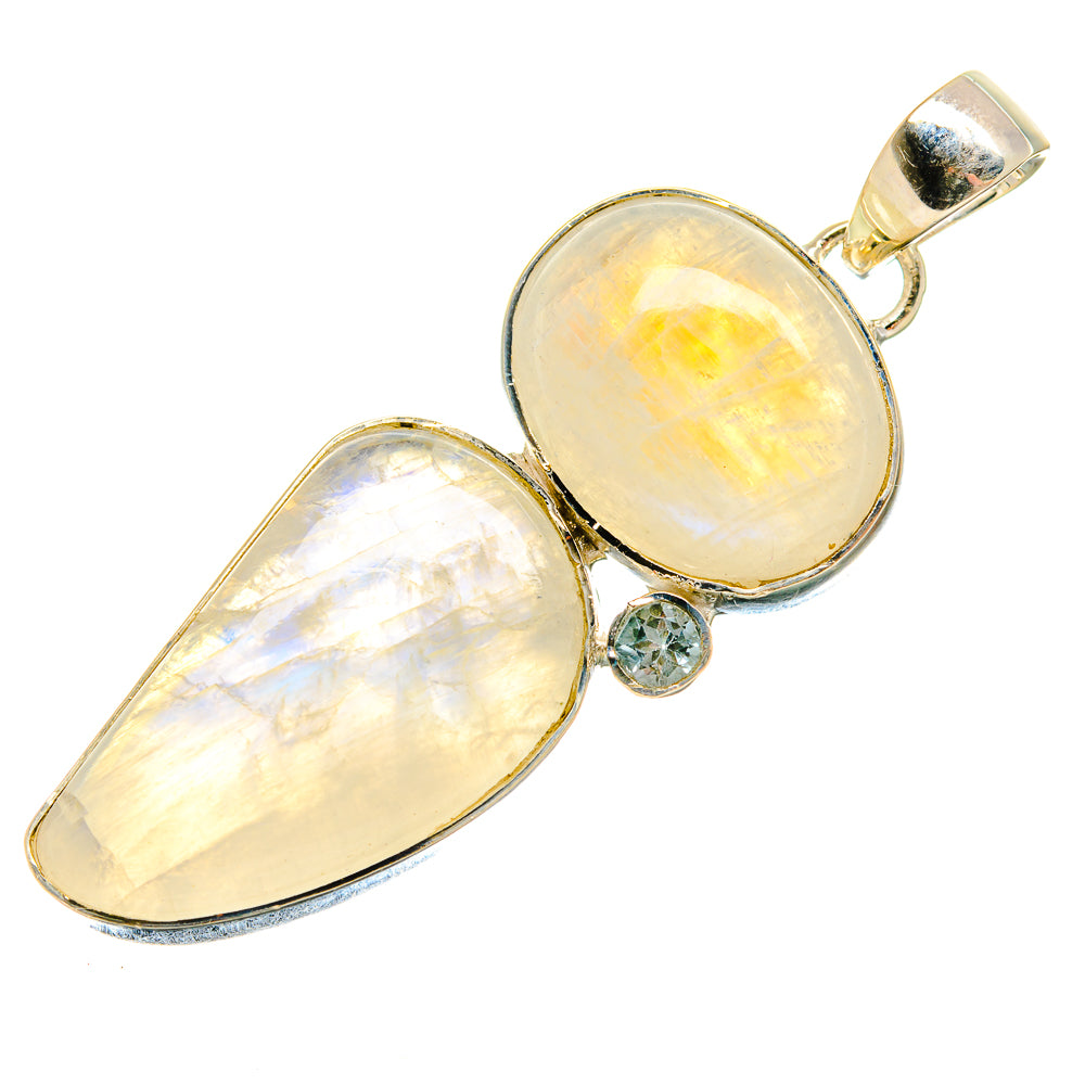Sterling silver moonstone pendant with two teardrop cabochons and blue gem