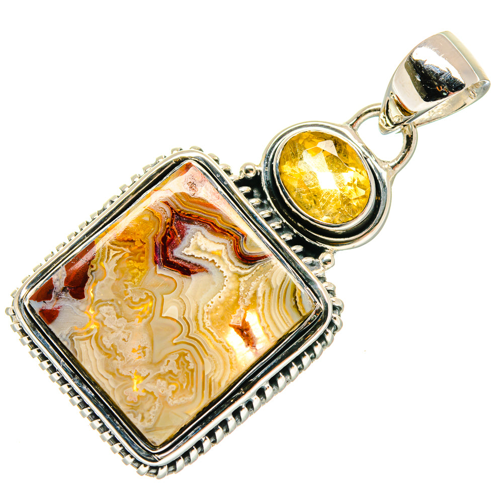 Sterling silver pendant with square lace agate and round citrine cabochon