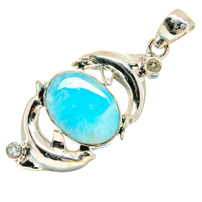 Oval larimar gemstone pendant in polished 925 sterling silver with small round accents