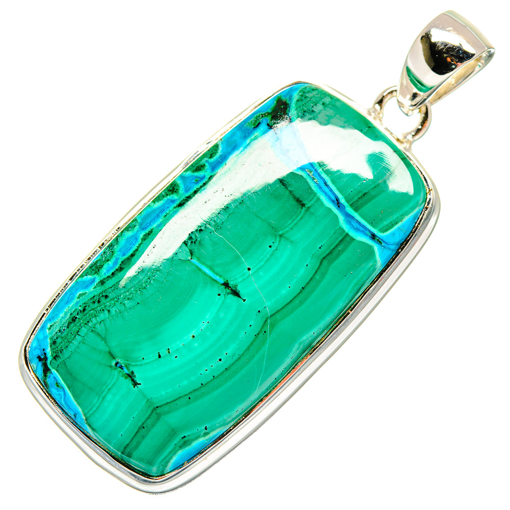 Rectangular teal-green stone pendant, polished silver bezel and top bail loop