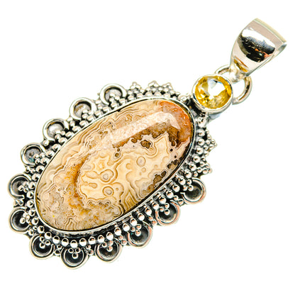 Sterling silver oval lace agate pendant with citrine accents and ornate bezel