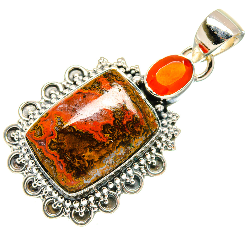 Sterling silver pendant with square marbled stone and orange round cabochon, scalloped filigree frame