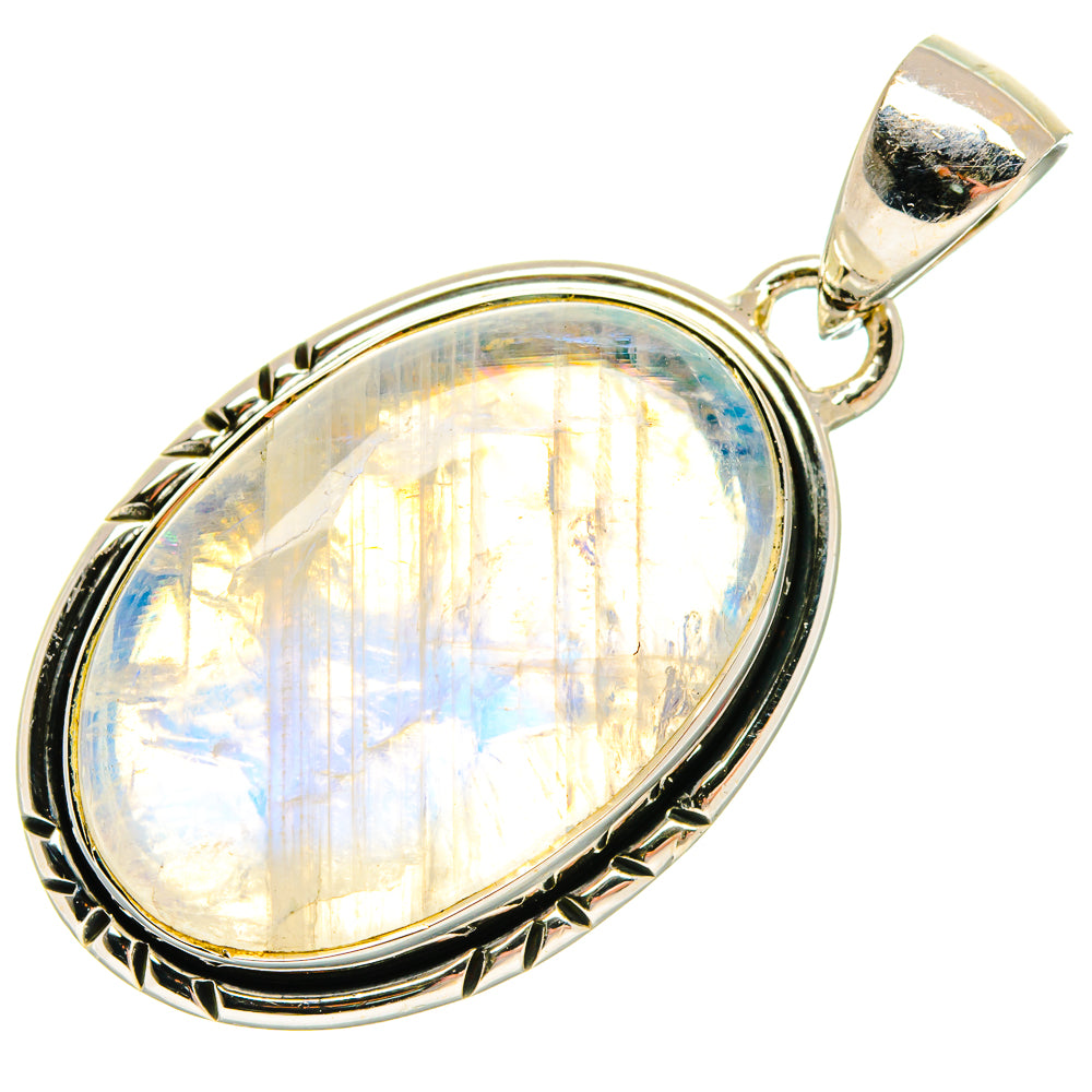 Oval moonstone pendant in sterling silver setting with iridescent rainbow sheen