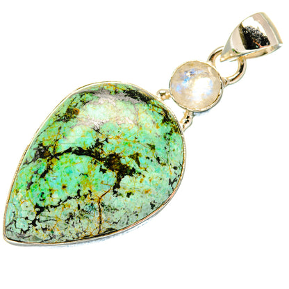 Sterling silver teardrop turquoise pendant with two round moonstone accents