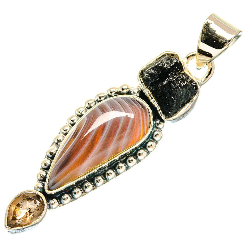925 sterling silver gemstone pendant with black tektite, smoky quartz stripes, citrine accent