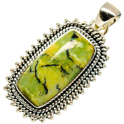 Green opal pendant with rectangular silver bezel and textured rope border, bail at top.