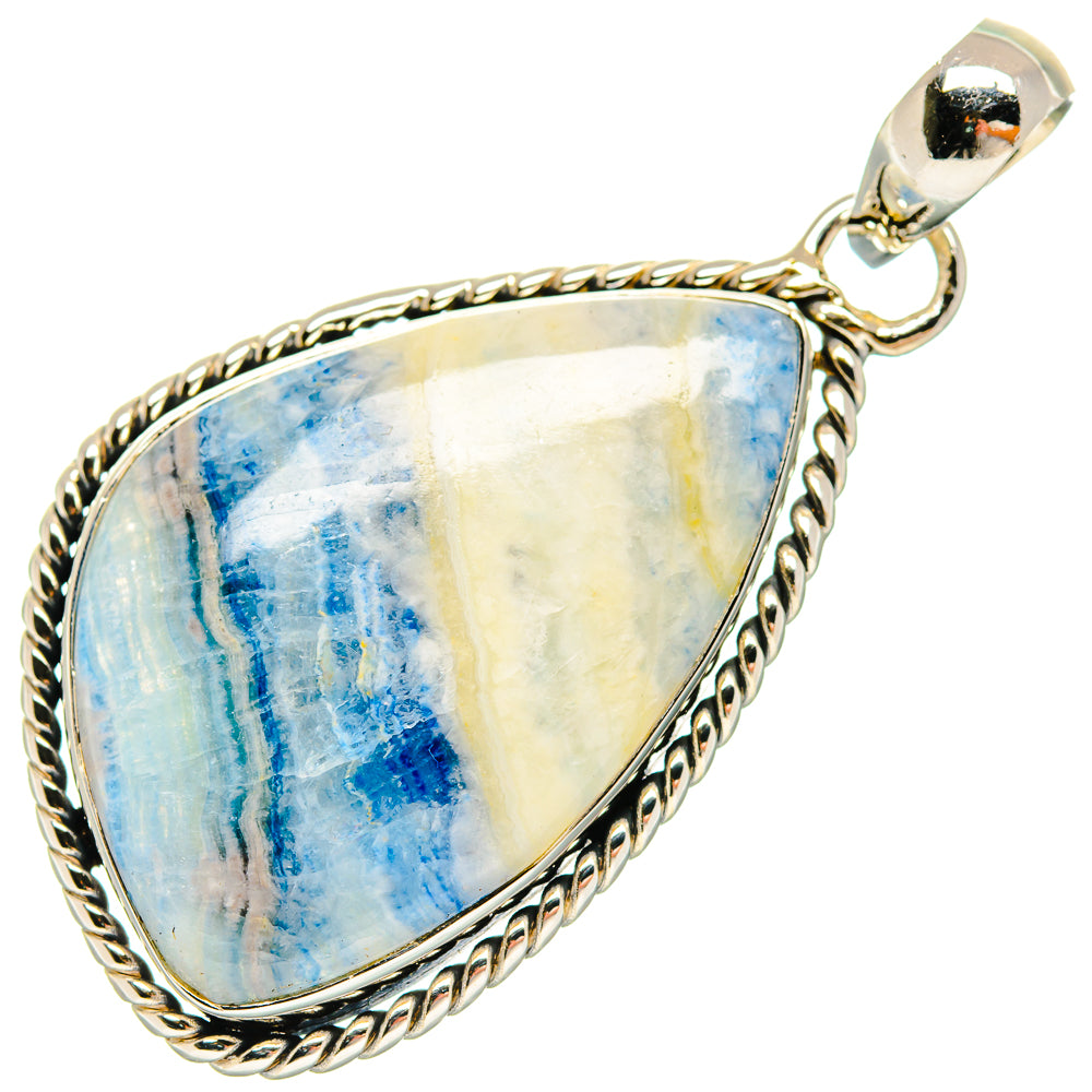 Blue scheelite teardrop pendant in braided 925 sterling silver bezel with loop bail