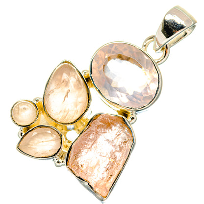 Silver rose quartz pendant with four bezel-set stones: round, oval, and rough rectangles