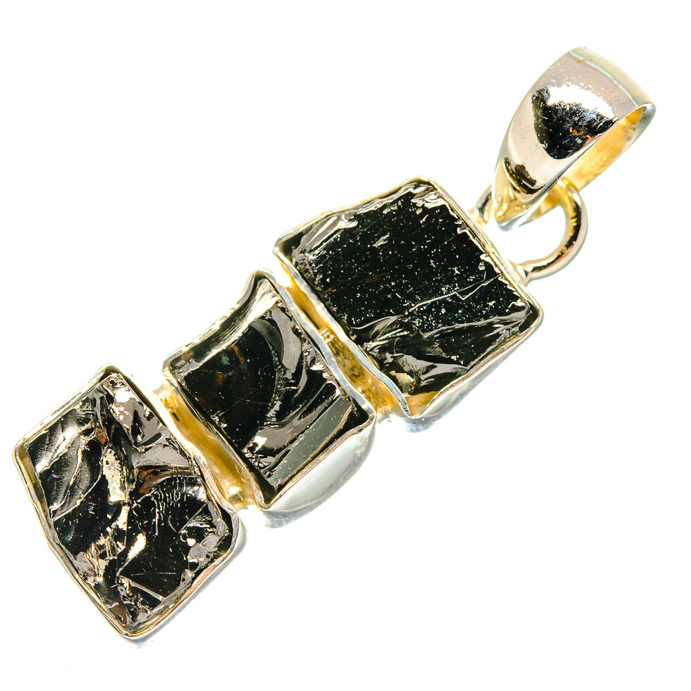 Rough shungite pendant, three black square stones framed in gold-tone sterling silver