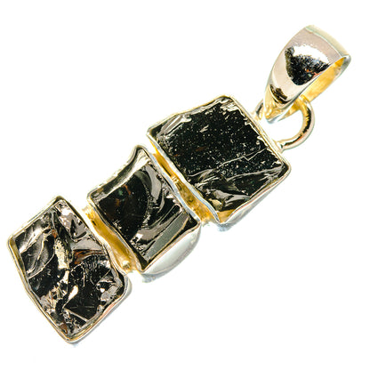 Rough shungite pendant, three black square stones framed in gold-tone sterling silver