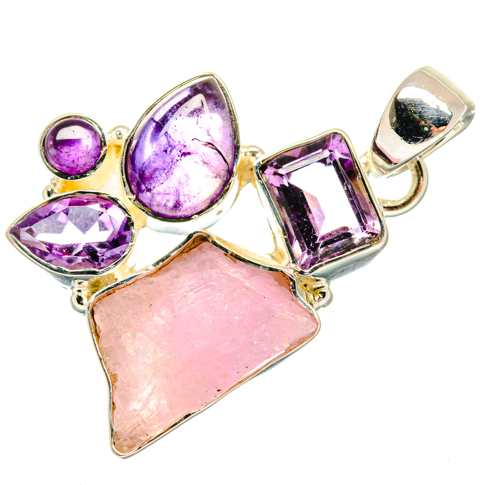 Sterling silver pendant with rough rose quartz and amethyst gemstones, marquise and teardrop stones