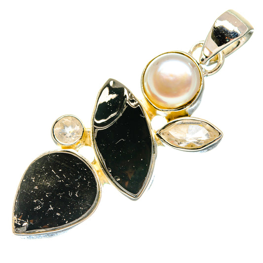 Shungite, White Quartz, Cultured Pearl Pendants handcrafted by Ana Silver Co - PD18651