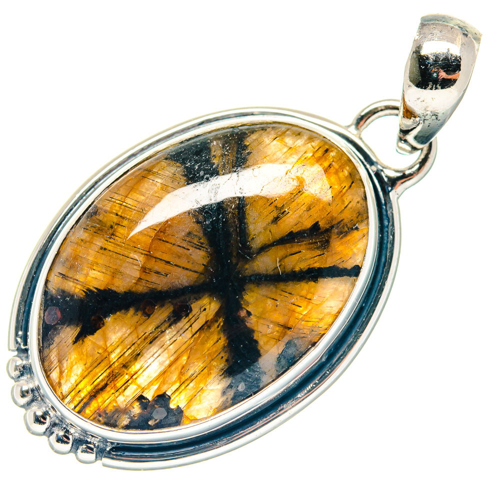 Chiastolite pendant in 925 silver with oval amber-and-black stone and round bail