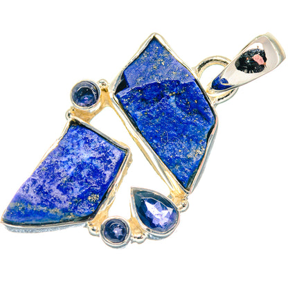 Rough blue lapis lazuli pendant with bail loop, gold-tone bezel, faceted blue accents