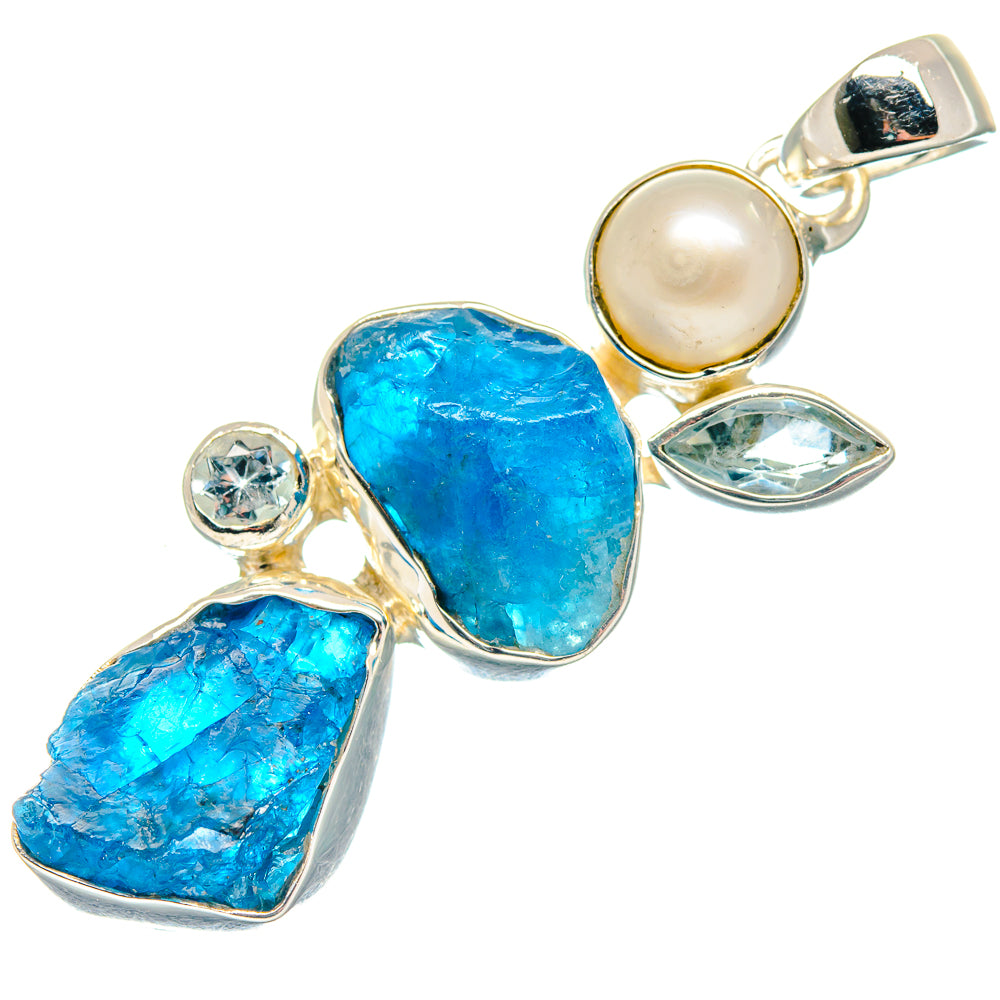 Rough blue stone and cultured pearl pendant with leaf-shaped accents, sterling silver bail