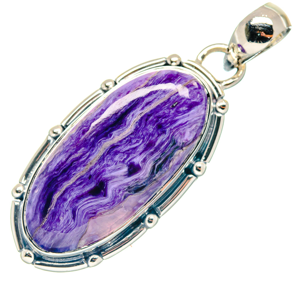 Purple charoite oval pendant with 925 sterling silver frame and hinged bail