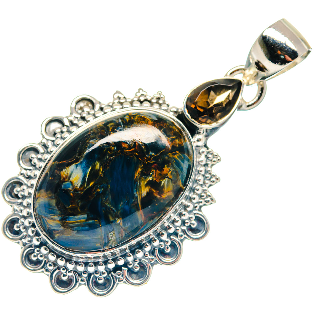 Sterling silver smoky quartz pendant, oval cabochon with decorative scalloped bezel
