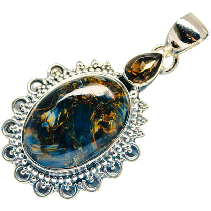Sterling silver smoky quartz pendant, oval cabochon with decorative scalloped bezel