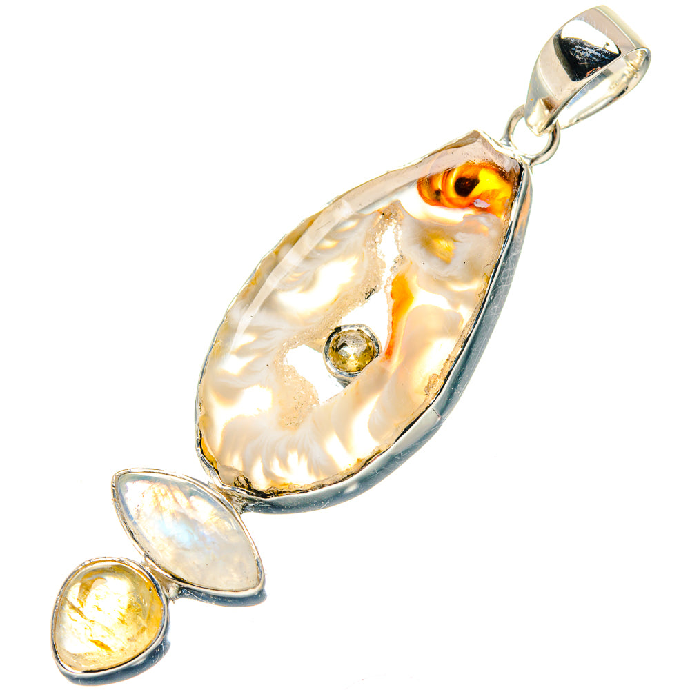 Teardrop geode pendant with iridescent white center, yellow stone, and silver bail