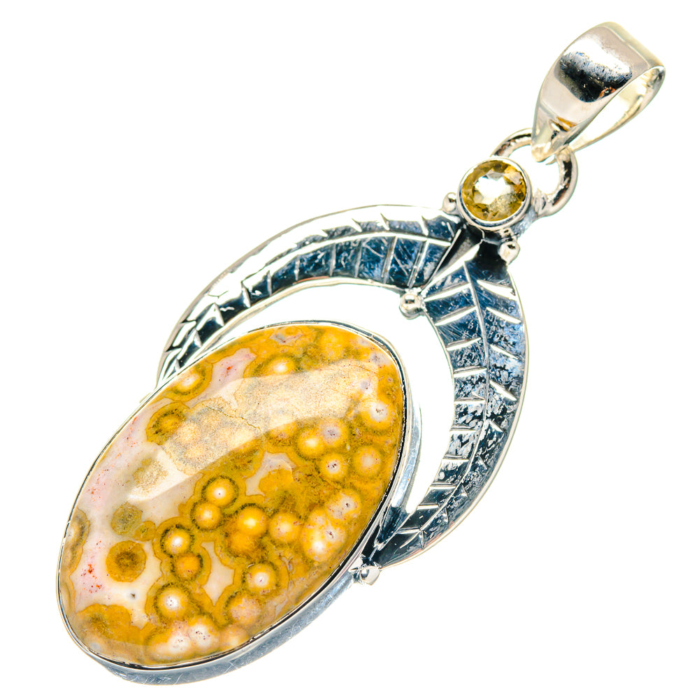 925 sterling silver ocean jasper oval pendant with blue arc bezel and round citrine accent