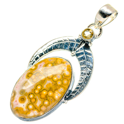 925 sterling silver ocean jasper oval pendant with blue arc bezel and round citrine accent