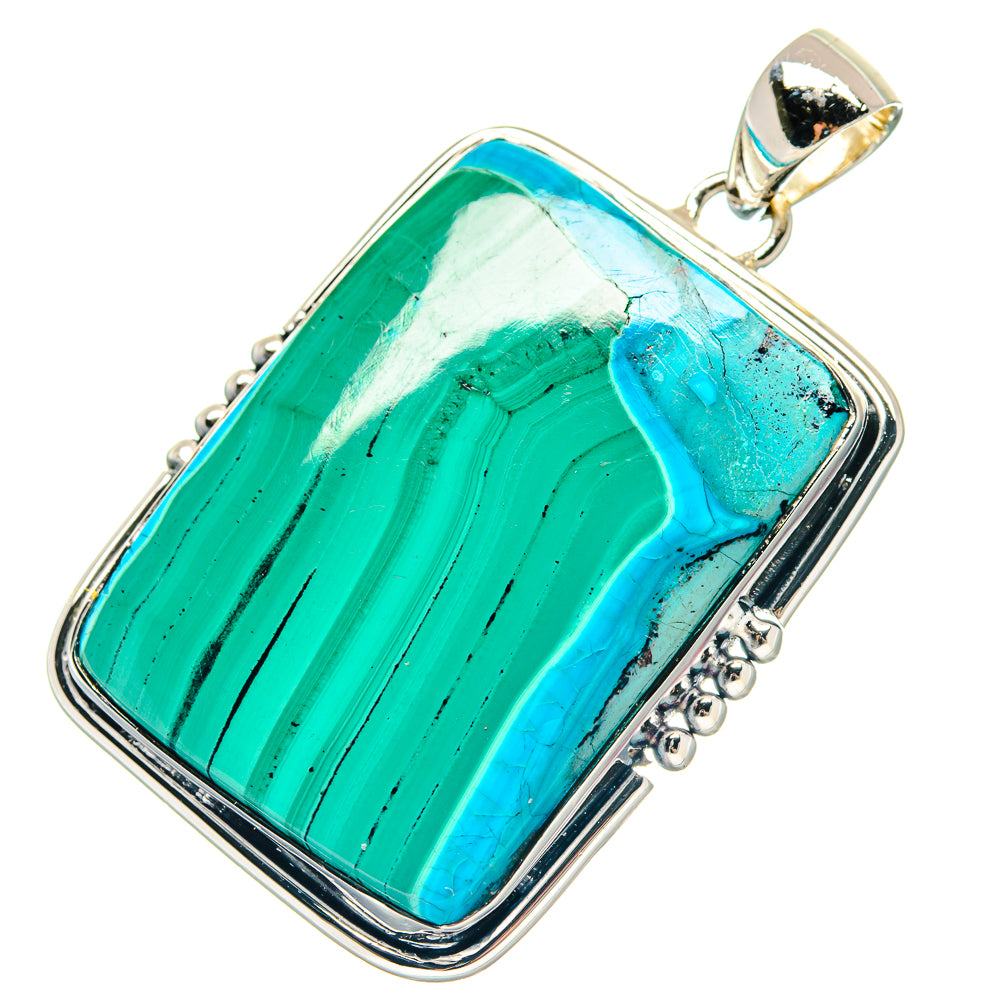 Chrysocolla and malachite pendant with rectangular green-blue stone in silver bezel