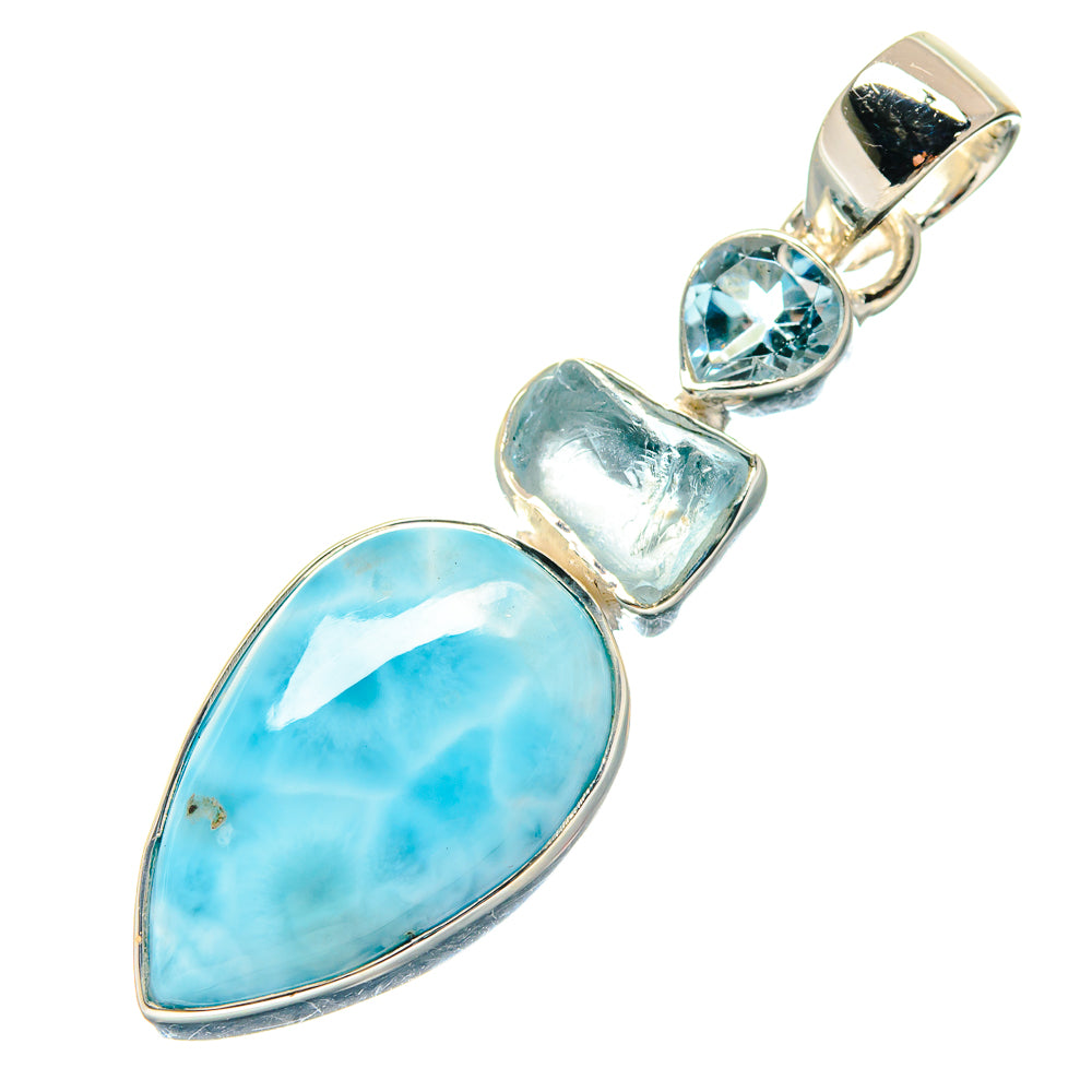 925 sterling silver pendant with oval Larimar cabochon, aquamarine, and blue topaz