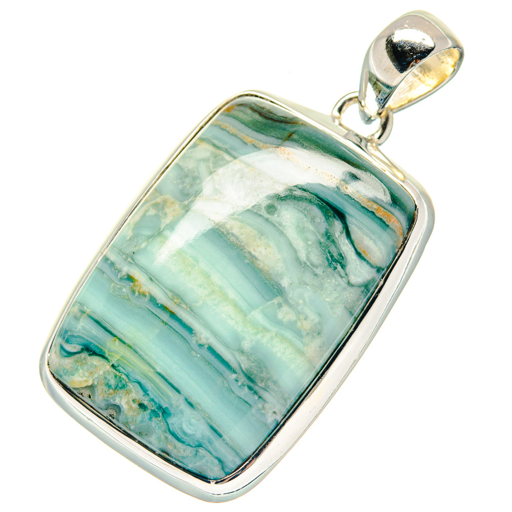Ocean jasper pendant in 925 sterling silver, rectangular stone with teal swirl stripes and bail