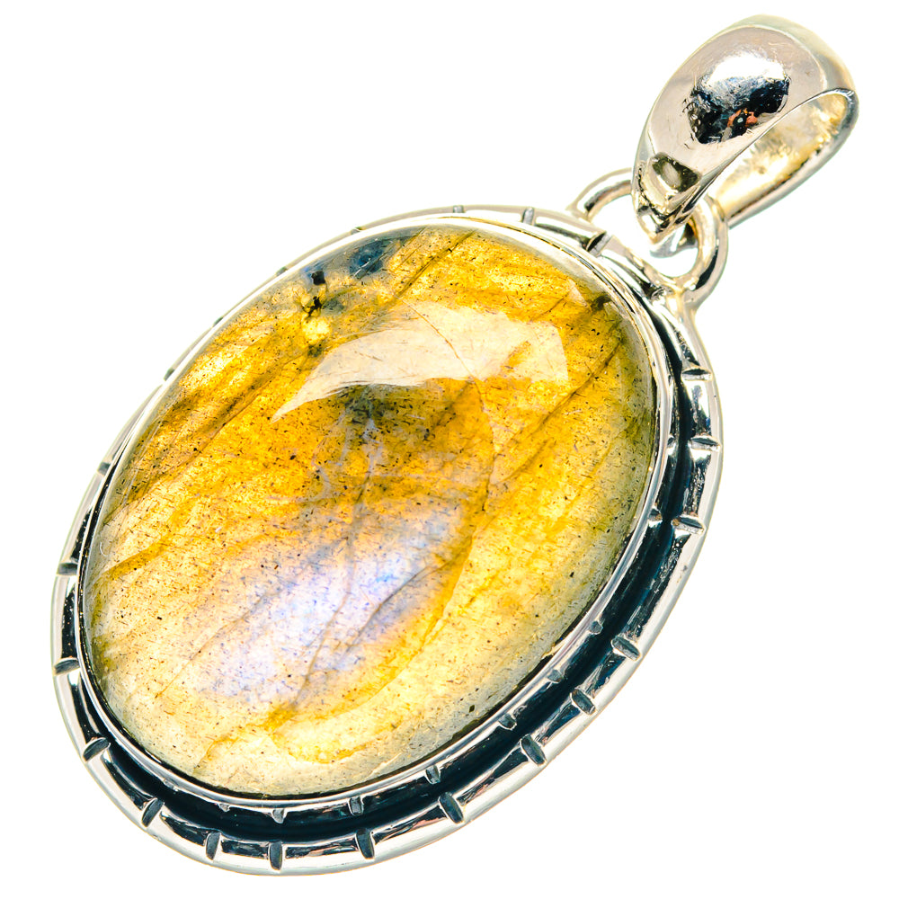 Oval labradorite pendant in 925 sterling silver bezel with hinged bail, yellow-gold flash