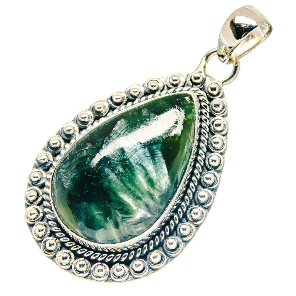 Seraphinite teardrop pendant in 925 sterling silver, detailed round-stud frame