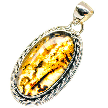 925 sterling silver oval agate pendant with ornate rope bezel; yellow and black stone