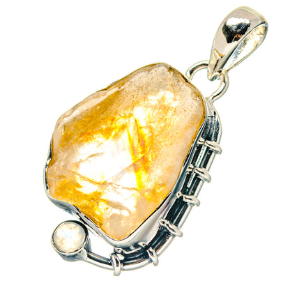 Rough citrine pendant in 925 silver bezel with round moonstone accents