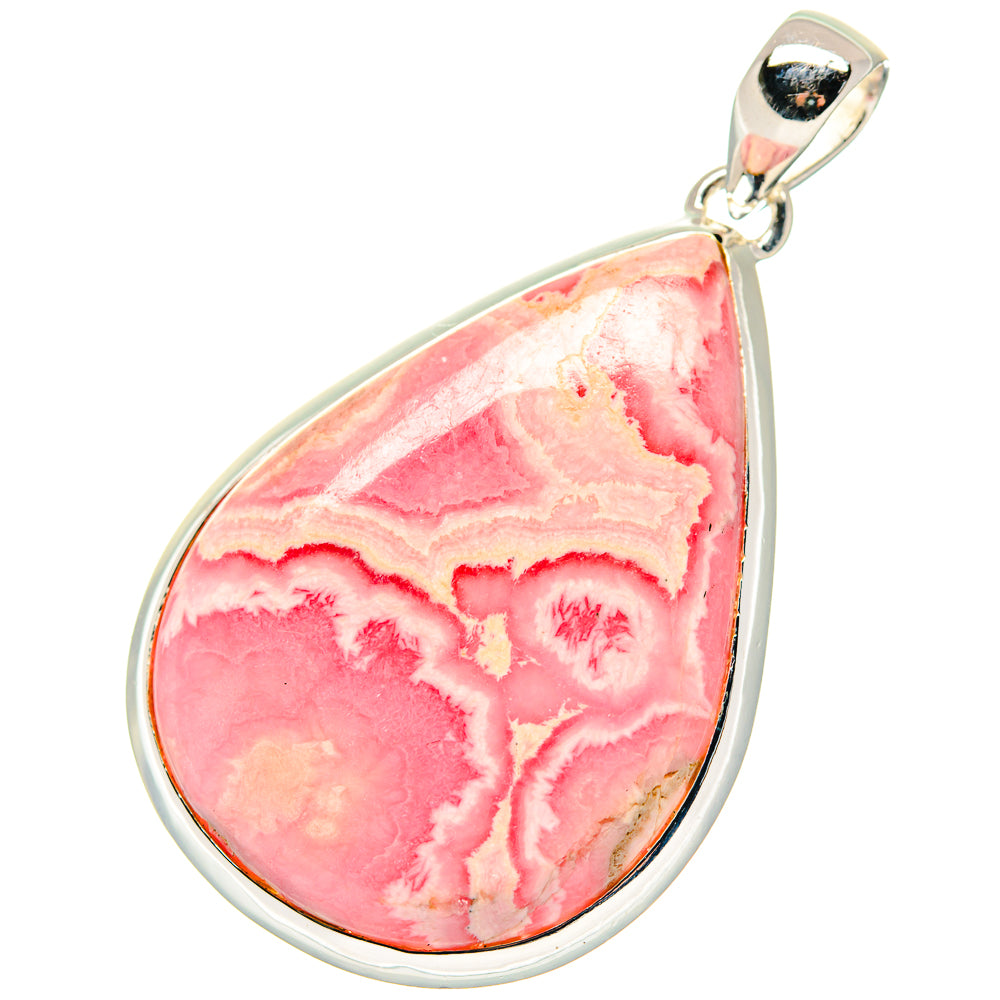 Teardrop rhodochrosite pendant in 925 sterling silver, pink marbled stone with loop bail