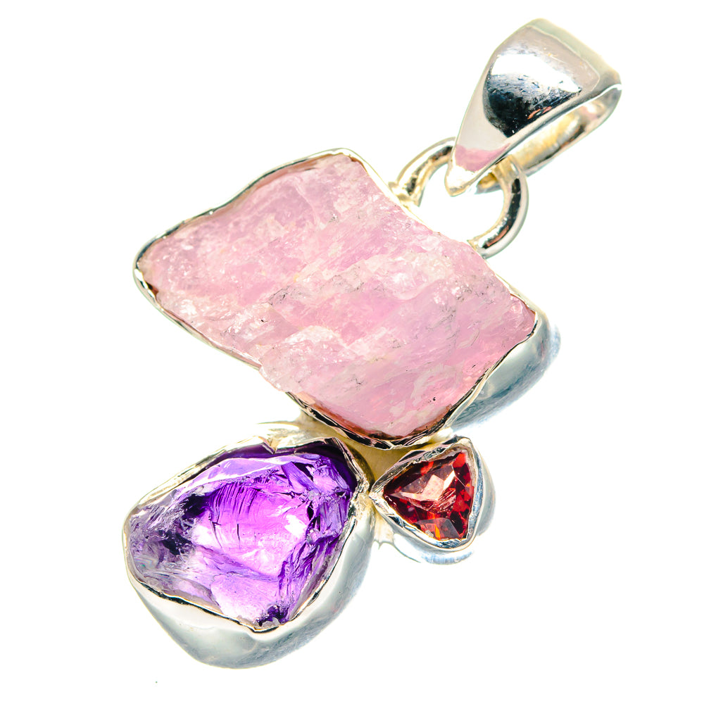 Rough rose quartz and amethyst pendant with garnet accent, 925 sterling silver bail