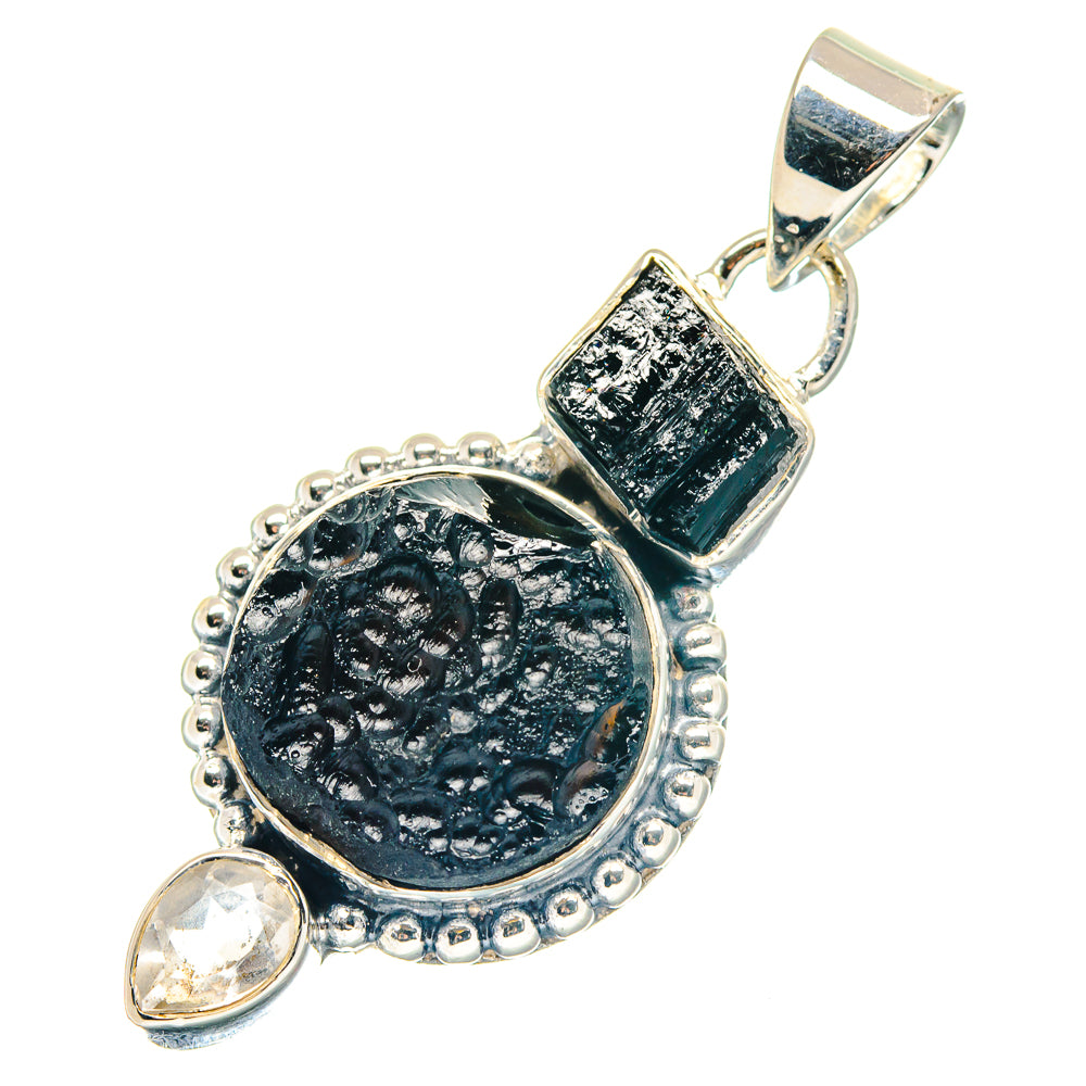 Sterling silver tektite pendant with round dark stone, square bail, clear drop and bead