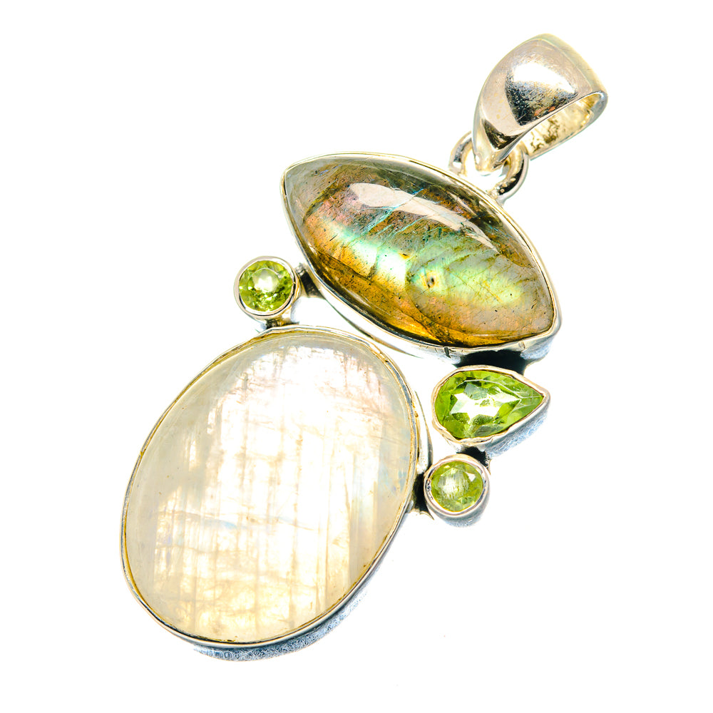 925 sterling silver double-oval pendant with labradorite, moonstone, and peridot accents