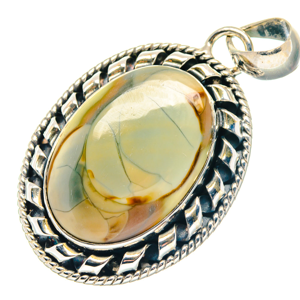 Oval yellow-green jasper pendant with braided sterling silver border and bail loop.