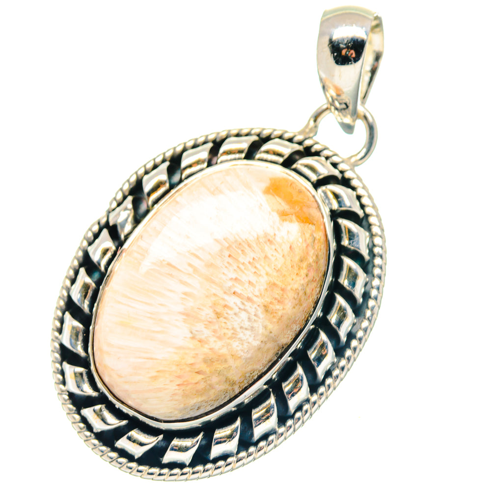 Oval scolecite cabochon pendant in ornate 925 sterling silver bezel, with bail