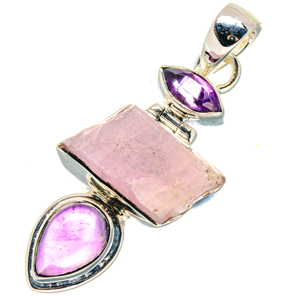 925 sterling silver pendant with rough pink kunzite and two purple amethyst ovals