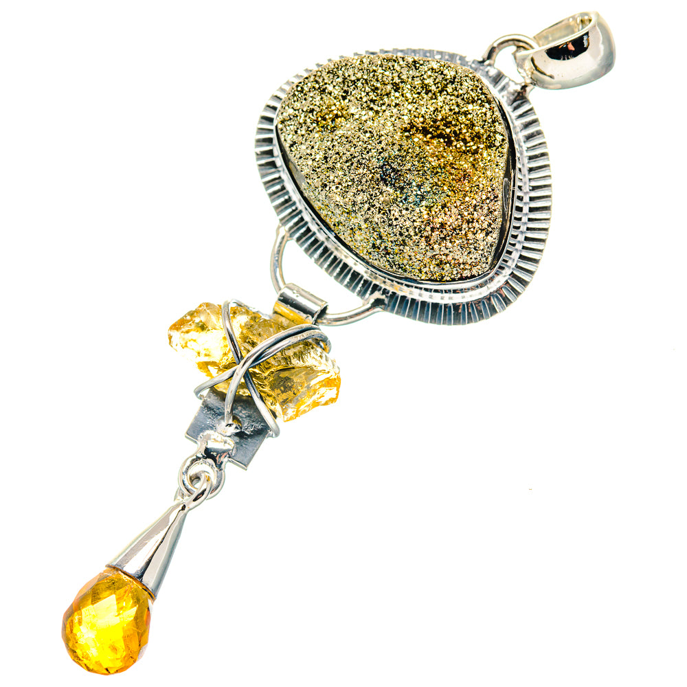 925 sterling silver pendant with oval peacock ore druzy and dangling yellow citrine drops